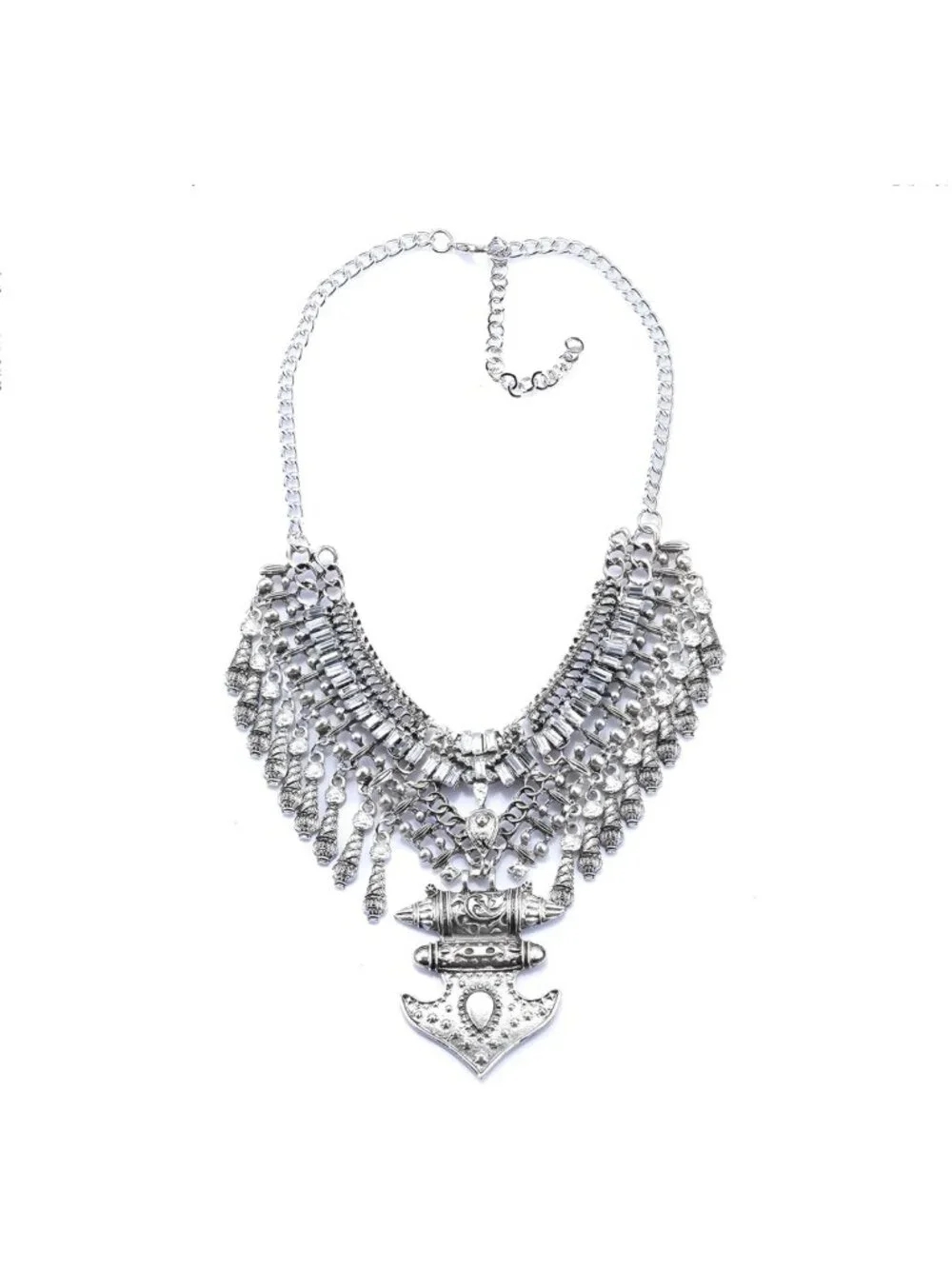 Long Tassel Chunky Boho Coin Statement Necklace for Women - Silver Jewelry